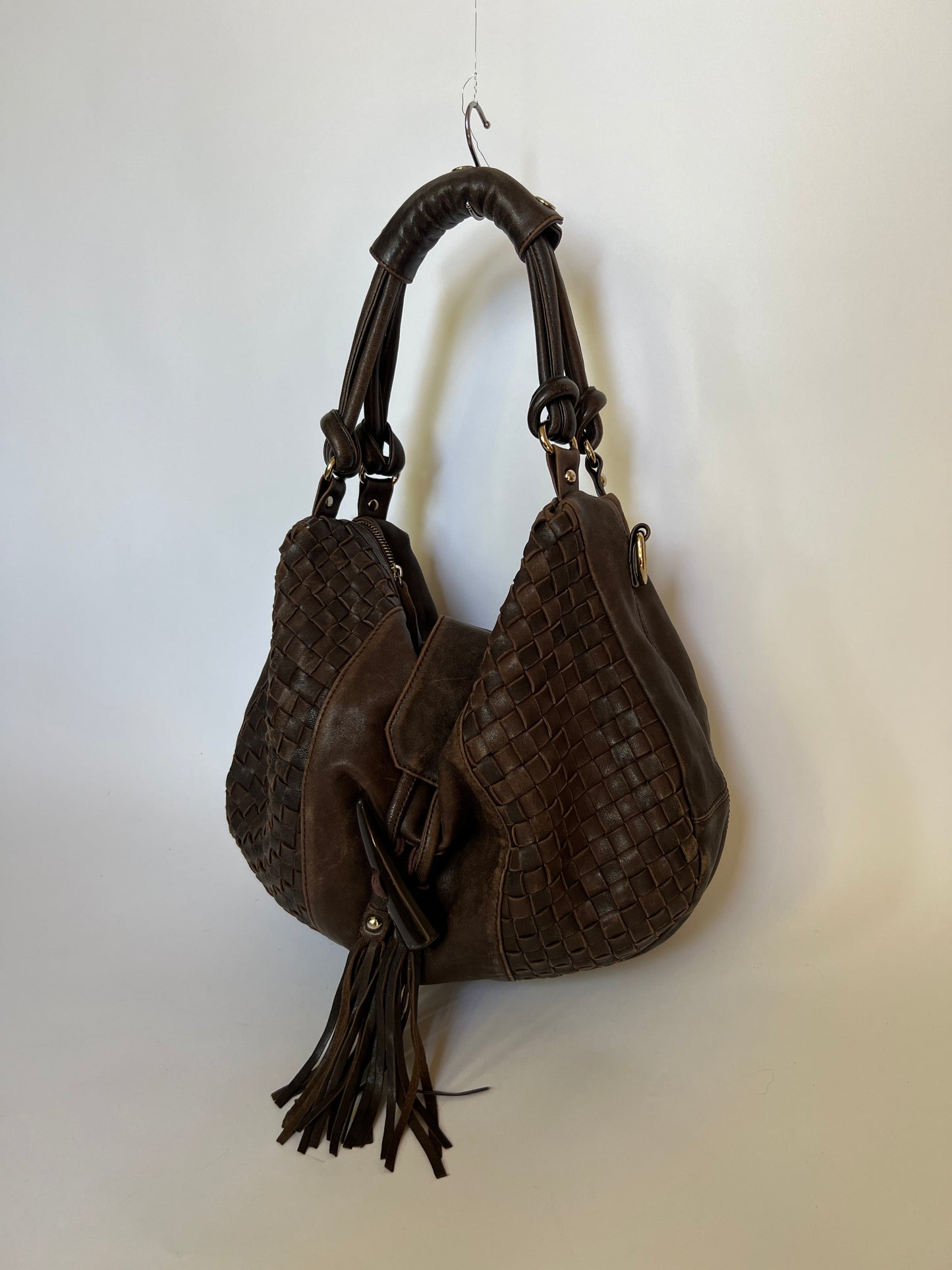 Boho Woven Leather Tassel Horn Bag