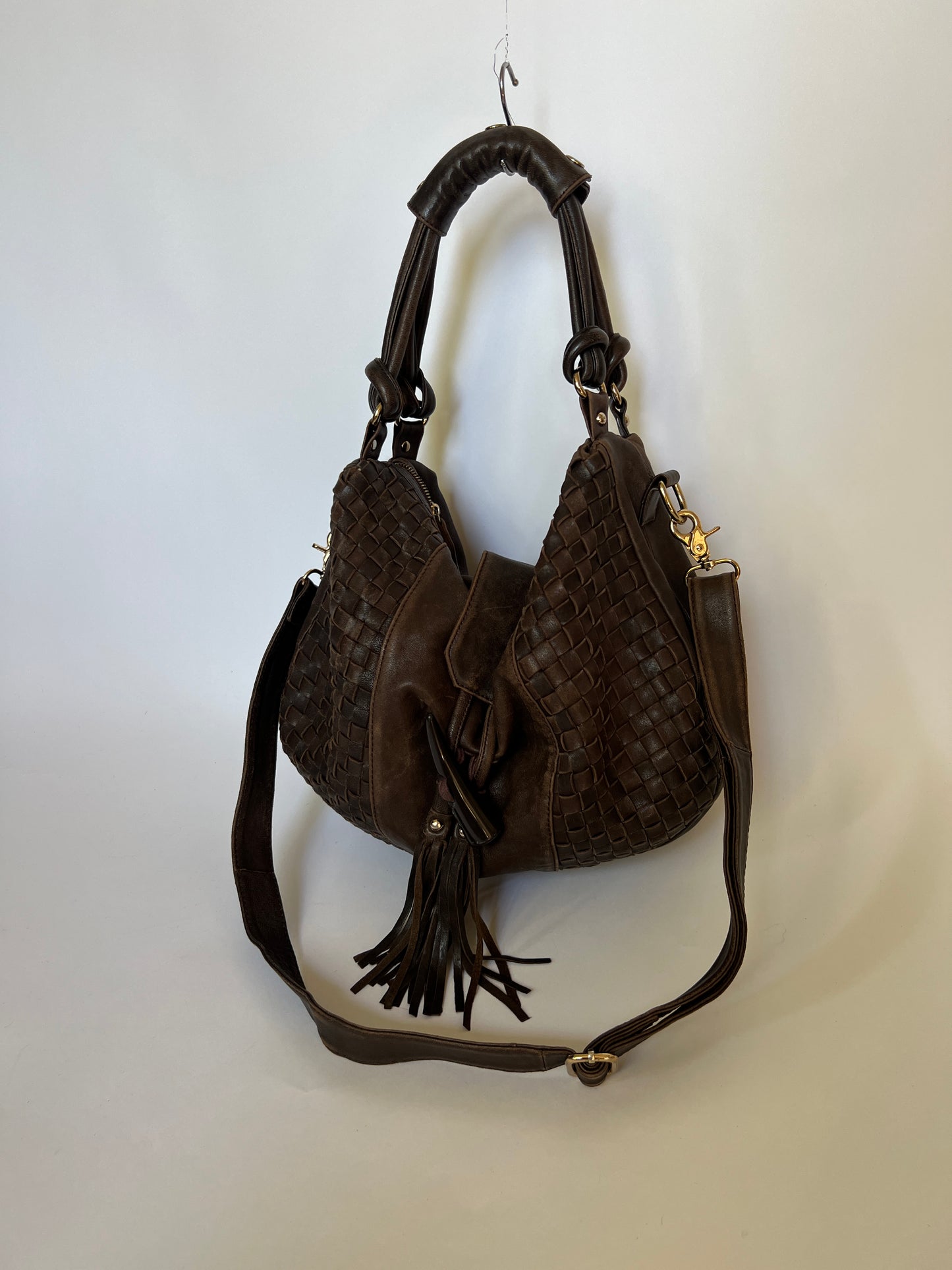 Boho Woven Leather Tassel Horn Bag