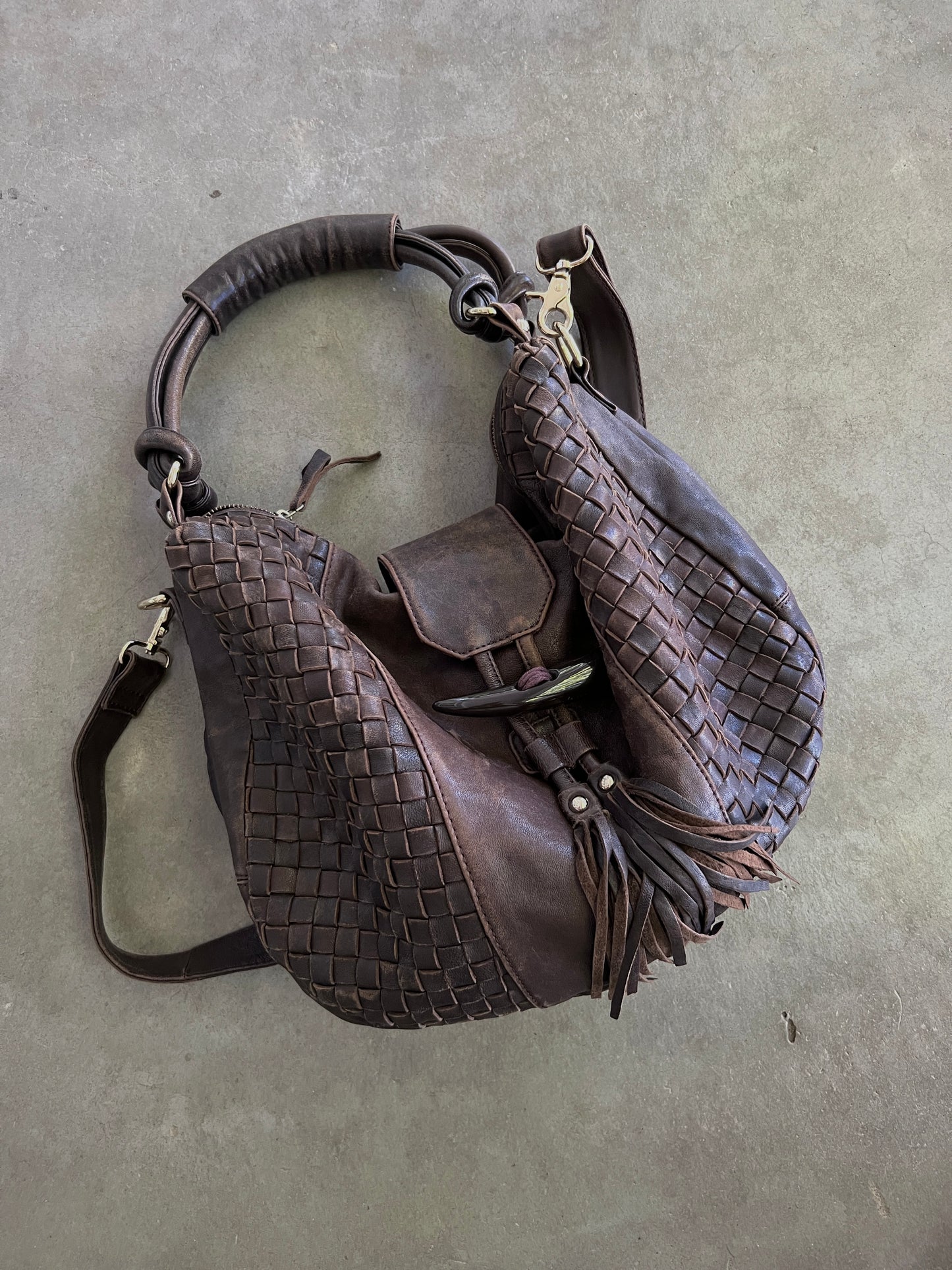 Boho Woven Leather Tassel Horn Bag