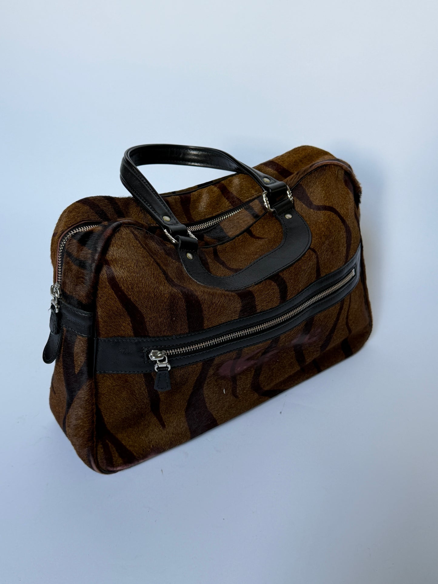 Tiger Print Pony Hair Boston Duffle Bag