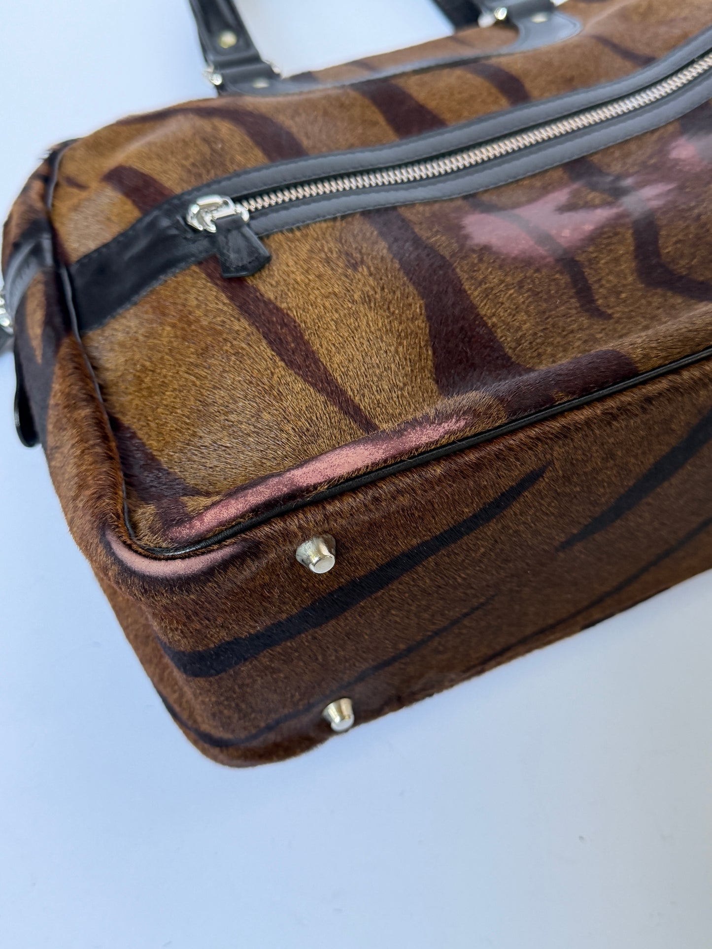 Tiger Print Pony Hair Boston Duffle Bag