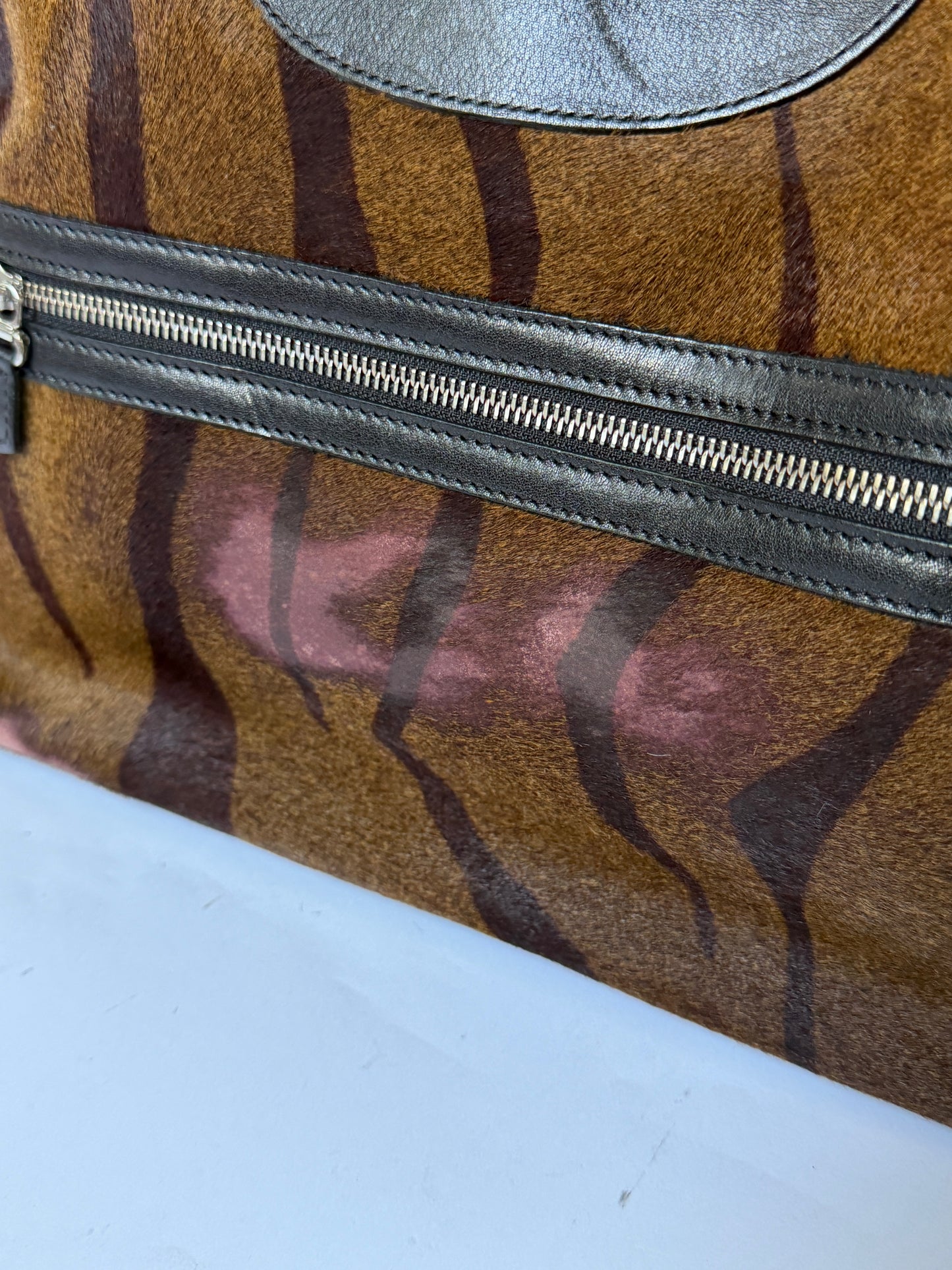 Tiger Print Pony Hair Boston Duffle Bag