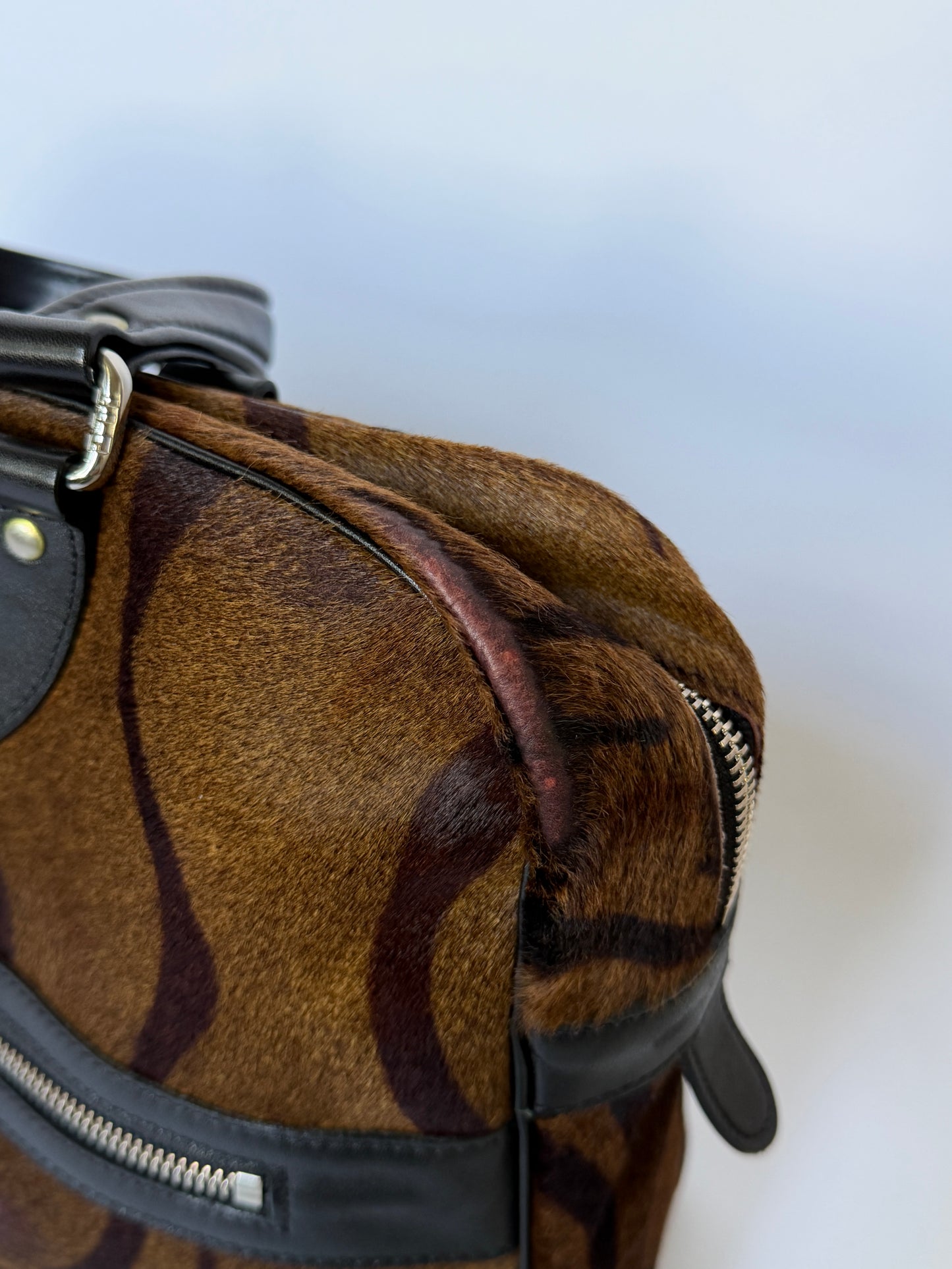 Tiger Print Pony Hair Boston Duffle Bag