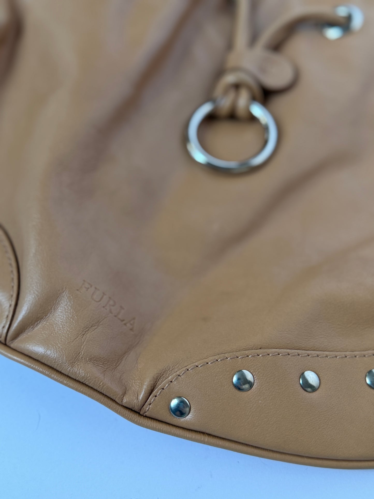 Tan Studded Leather Shoulder Bag