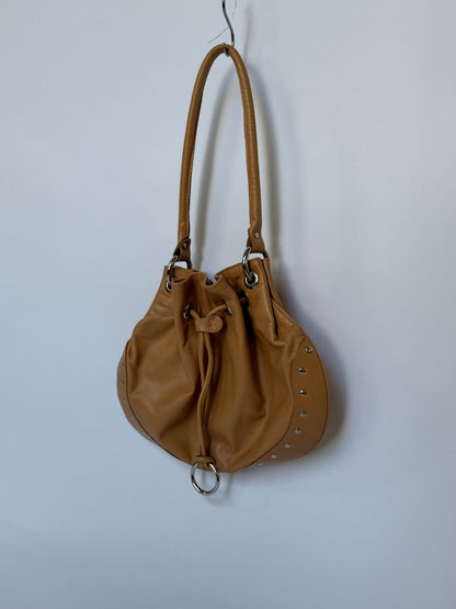Tan Studded Leather Shoulder Bag