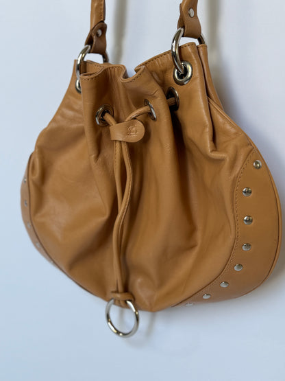Tan Studded Leather Shoulder Bag