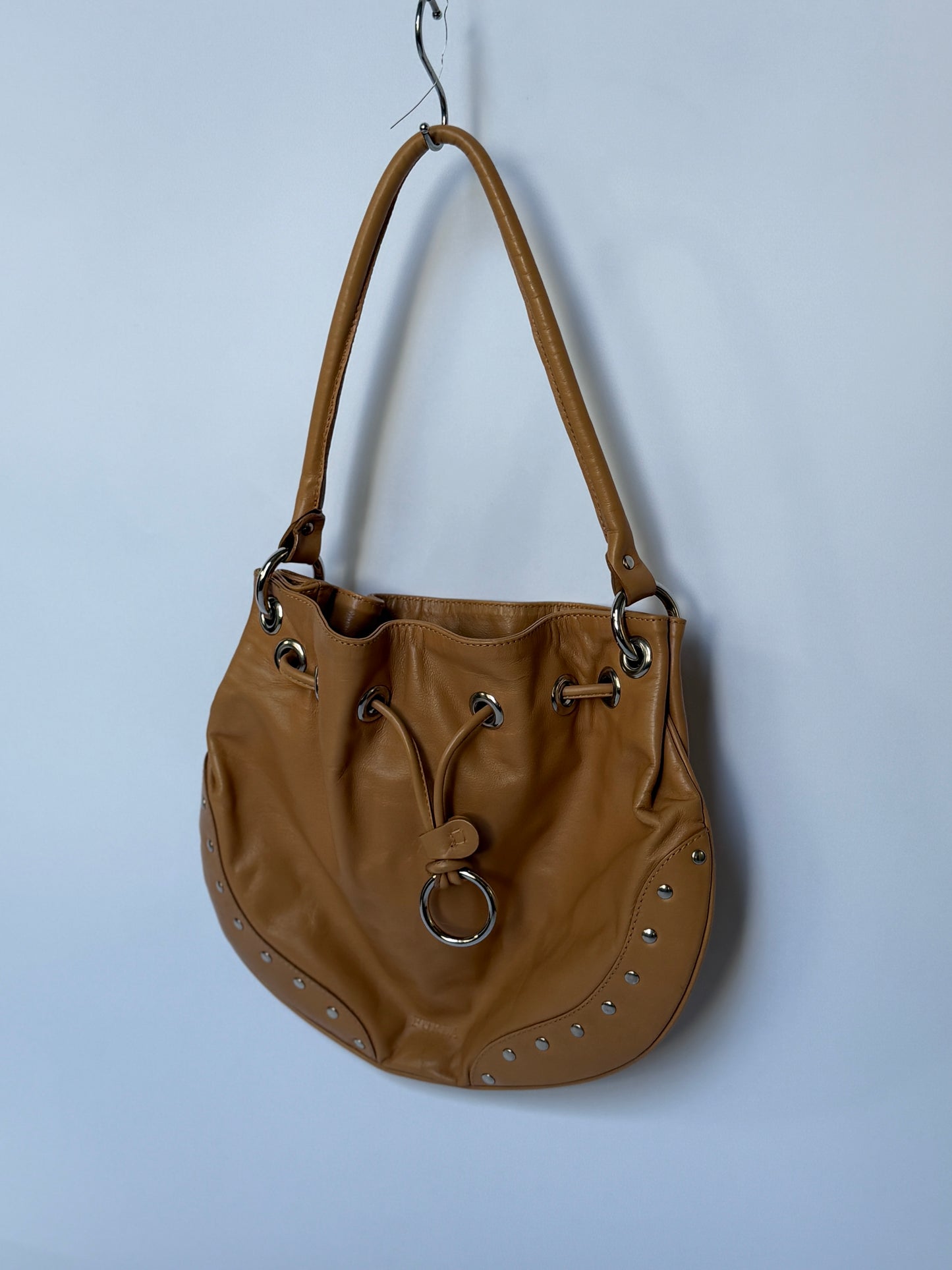 Tan Studded Leather Shoulder Bag