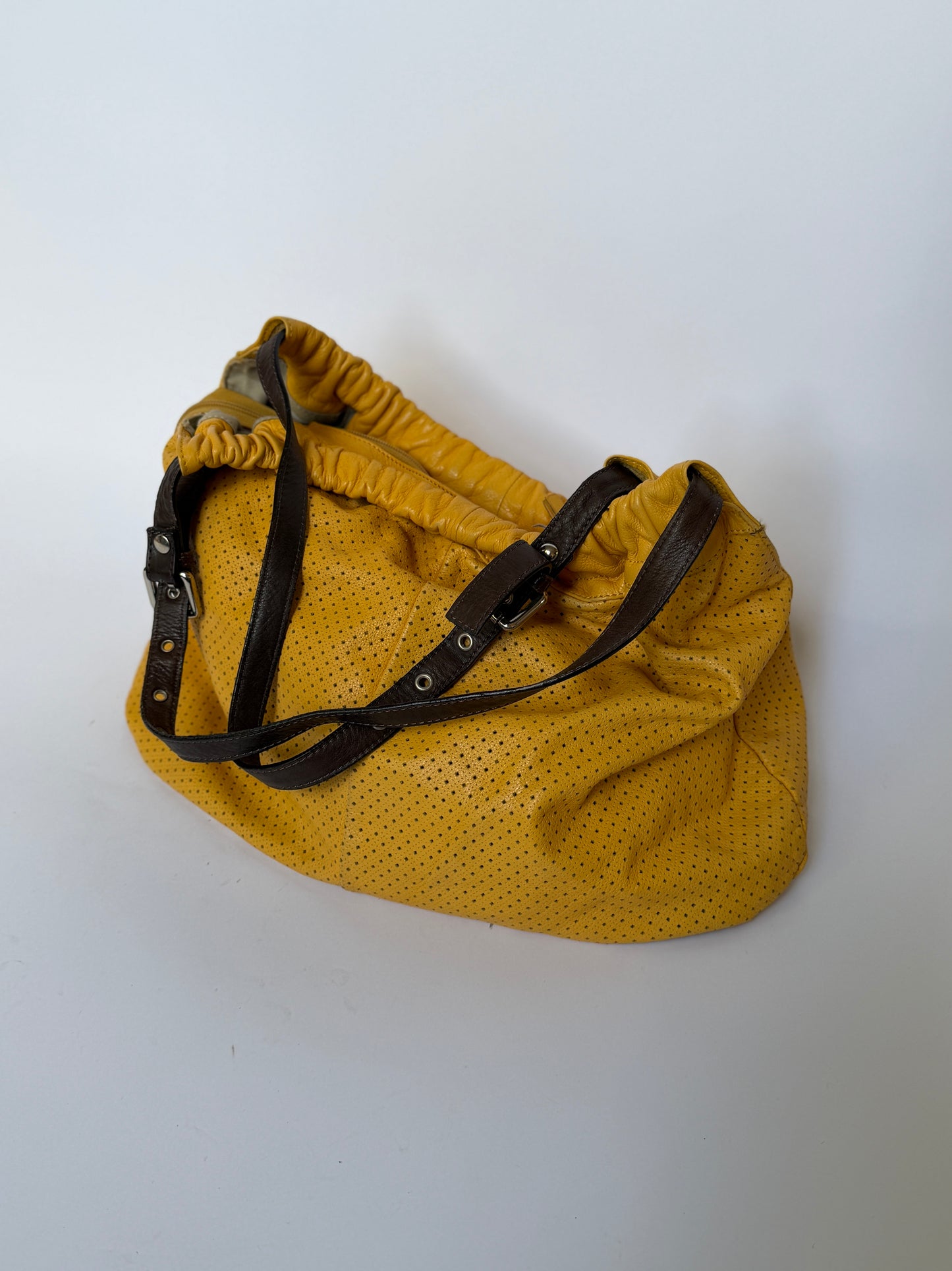 Perforatred Yellow Leather hobo Bag