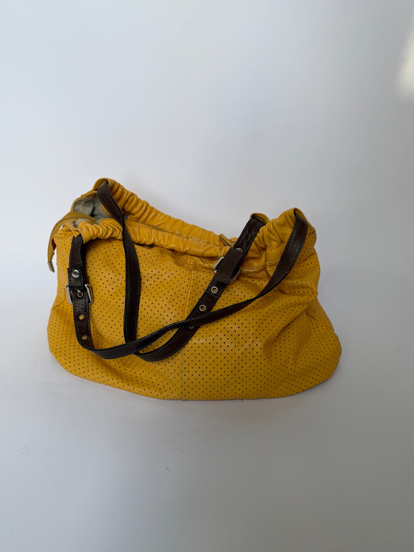 Perforatred Yellow Leather hobo Bag