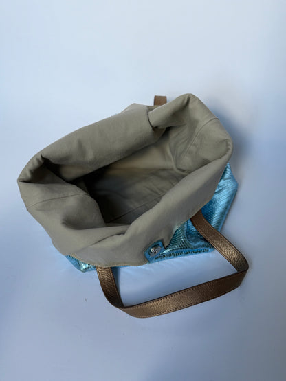Blue Metallic Snake-Embossed Leather Tote Bag