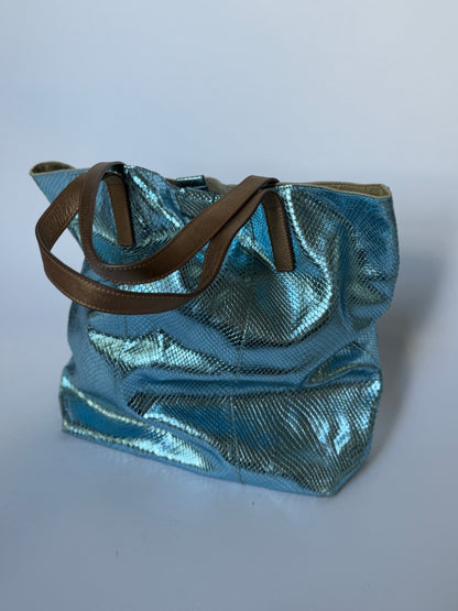 Blue Metallic Snake-Embossed Leather Tote Bag