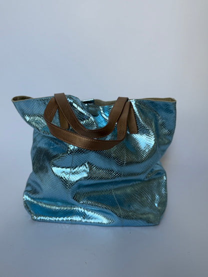 Blue Metallic Snake-Embossed Leather Tote Bag
