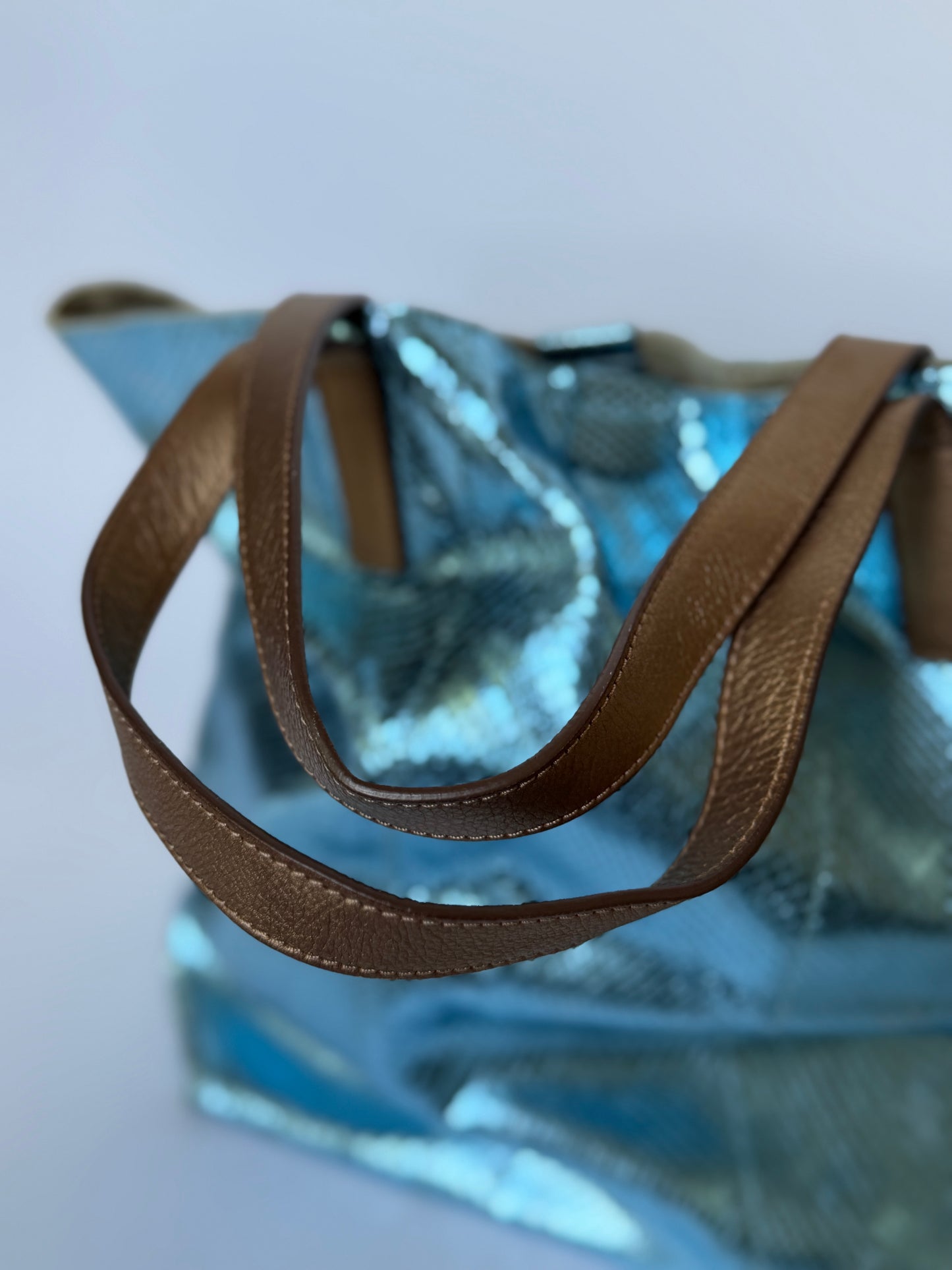 Blue Metallic Snake-Embossed Leather Tote Bag