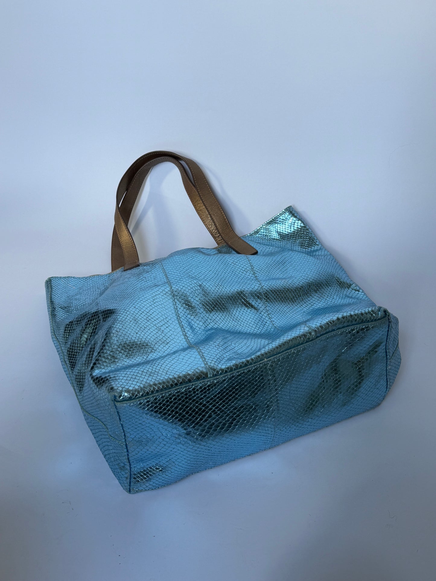 Blue Metallic Snake-Embossed Leather Tote Bag