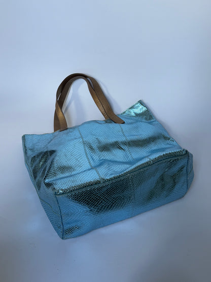 Blue Metallic Snake-Embossed Leather Tote Bag