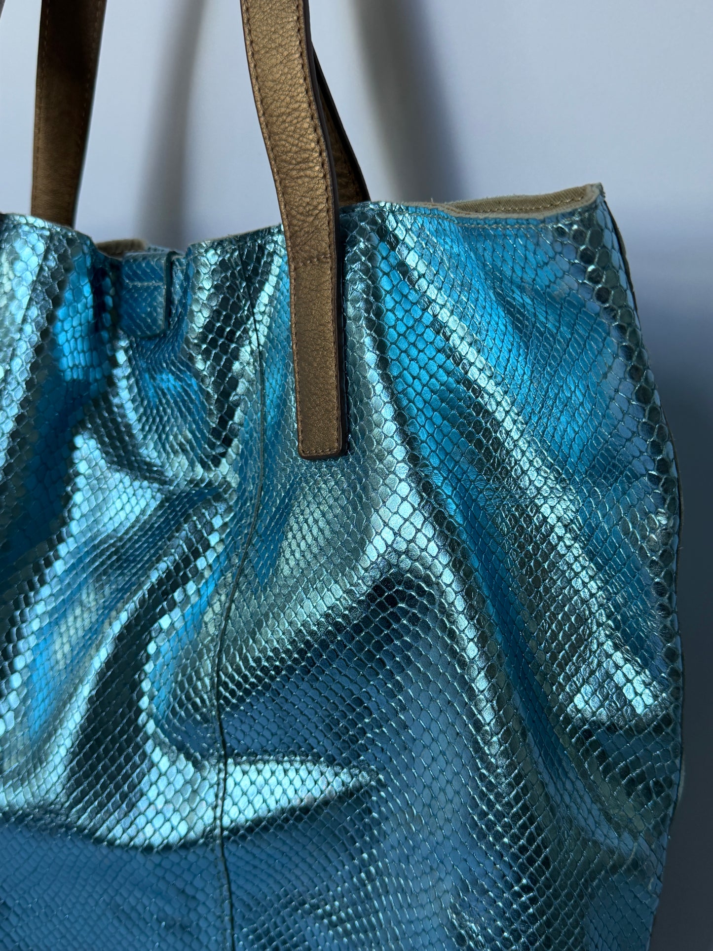 Blue Metallic Snake-Embossed Leather Tote Bag