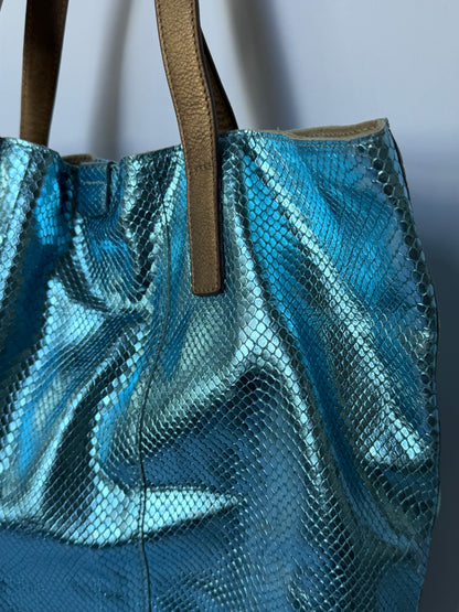 Blue Metallic Snake-Embossed Leather Tote Bag