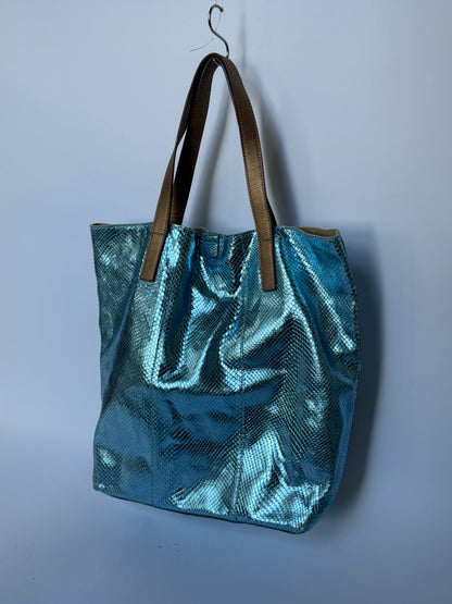 Blue Metallic Snake-Embossed Leather Tote Bag