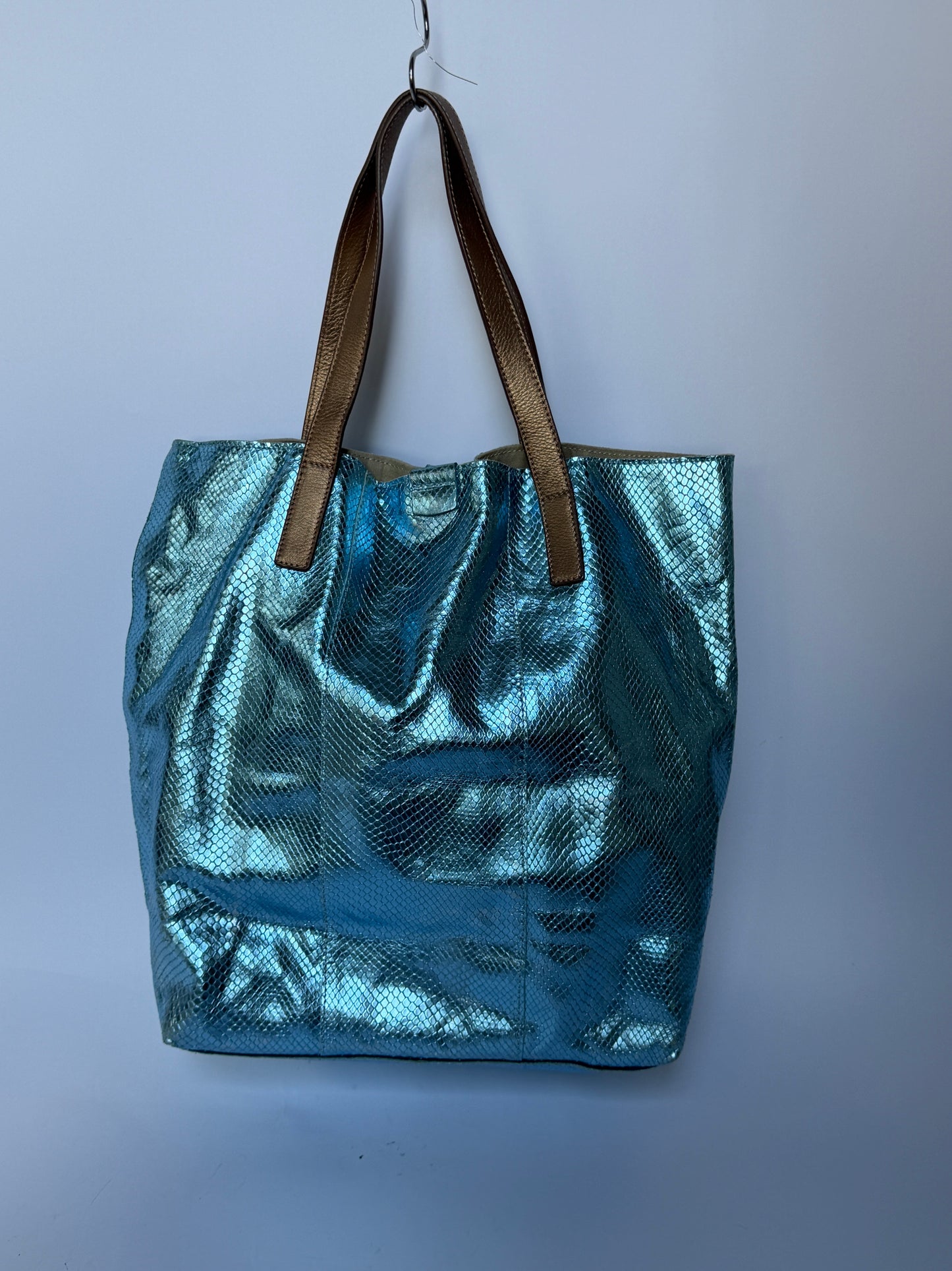 Blue Metallic Snake-Embossed Leather Tote Bag
