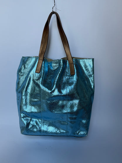 Blue Metallic Snake-Embossed Leather Tote Bag