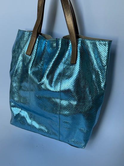 Blue Metallic Snake-Embossed Leather Tote Bag