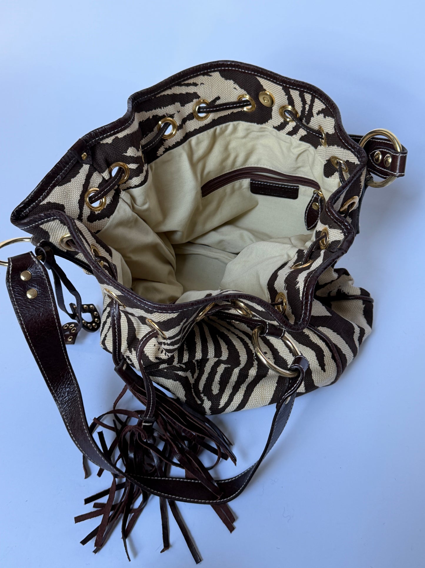 Zebra Print Canvas & Leather Drawstring Bag