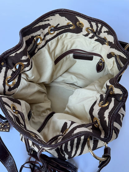 Zebra Print Canvas & Leather Drawstring Bag