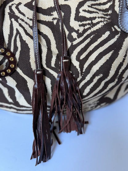 Zebra Print Canvas & Leather Drawstring Bag