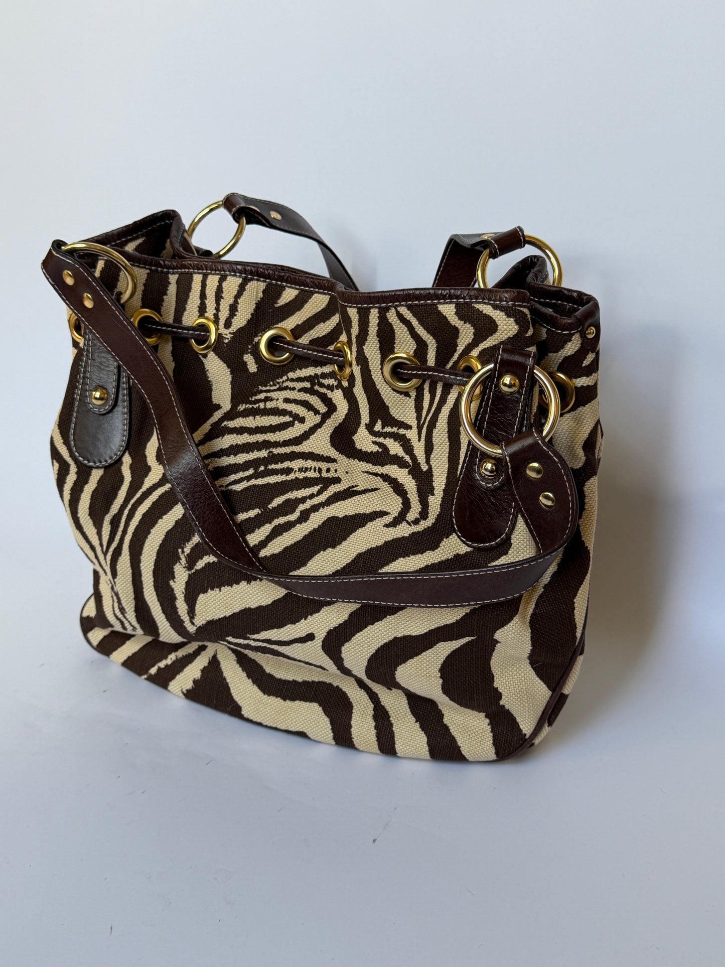 Zebra Print Canvas & Leather Drawstring Bag