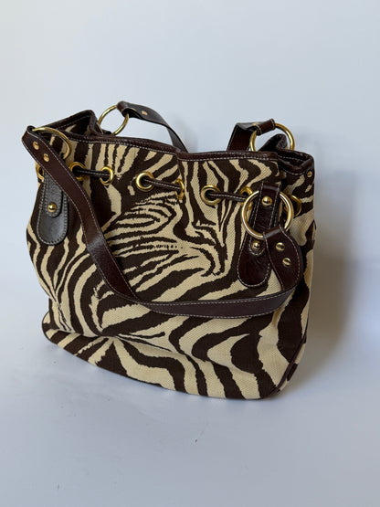 Zebra Print Canvas & Leather Drawstring Bag