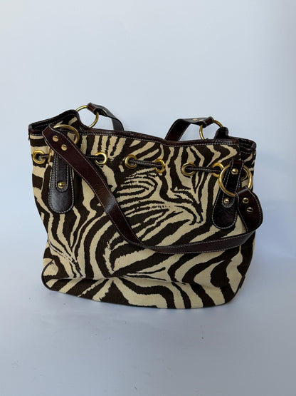 Zebra Print Canvas & Leather Drawstring Bag