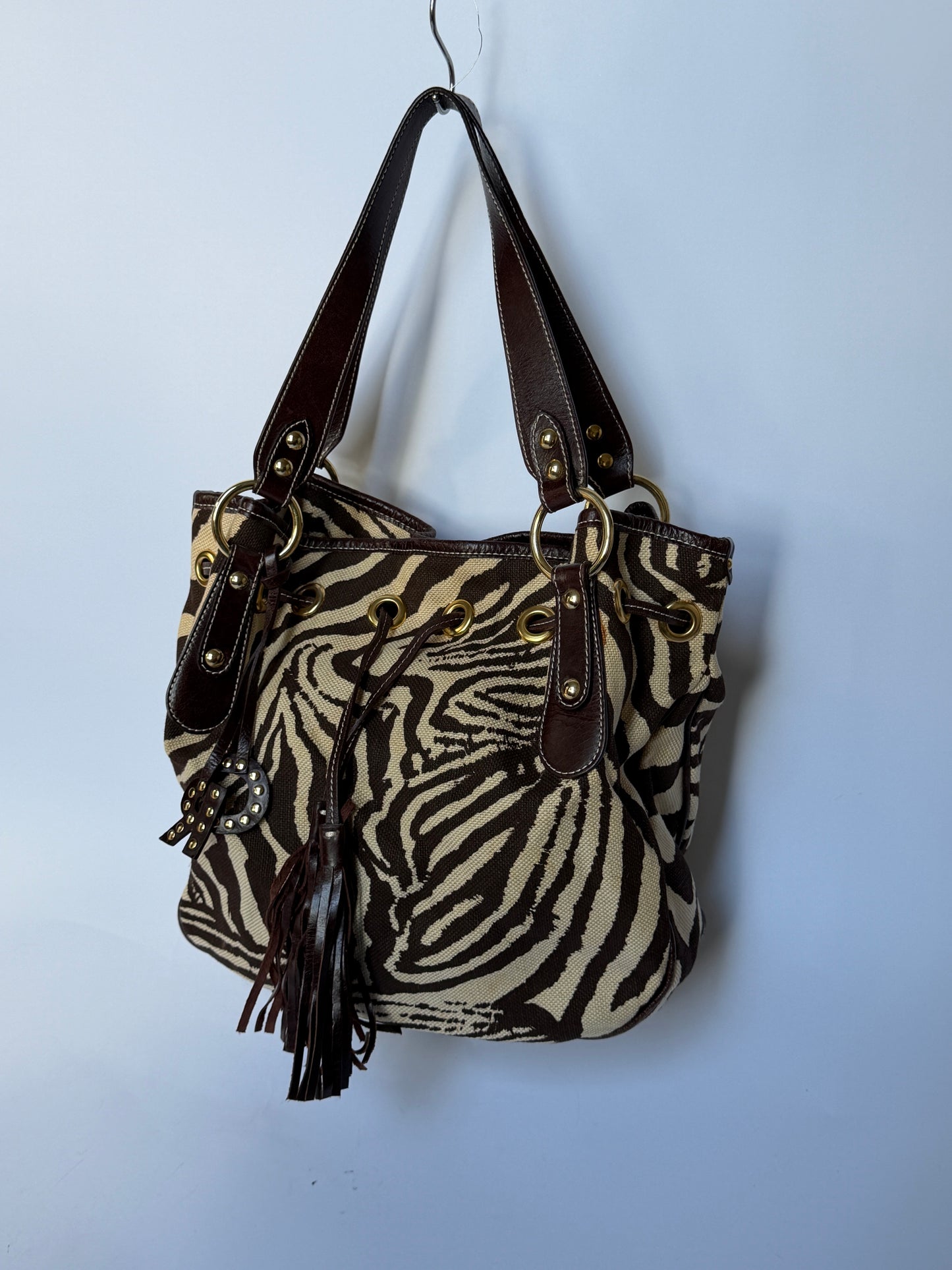 Zebra Print Canvas & Leather Drawstring Bag