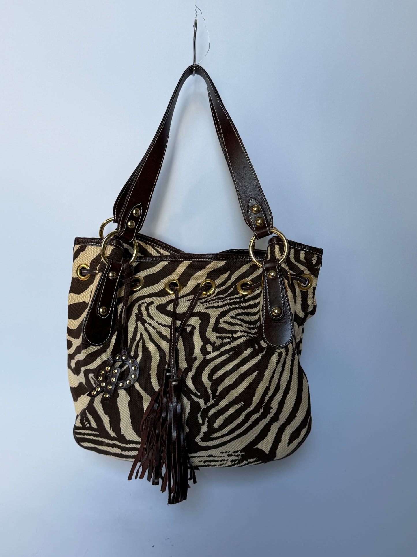 Zebra Print Canvas & Leather Drawstring Bag