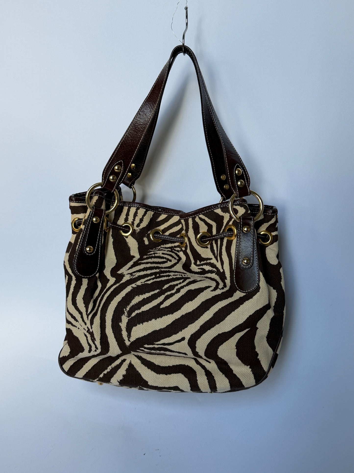Zebra Print Canvas & Leather Drawstring Bag