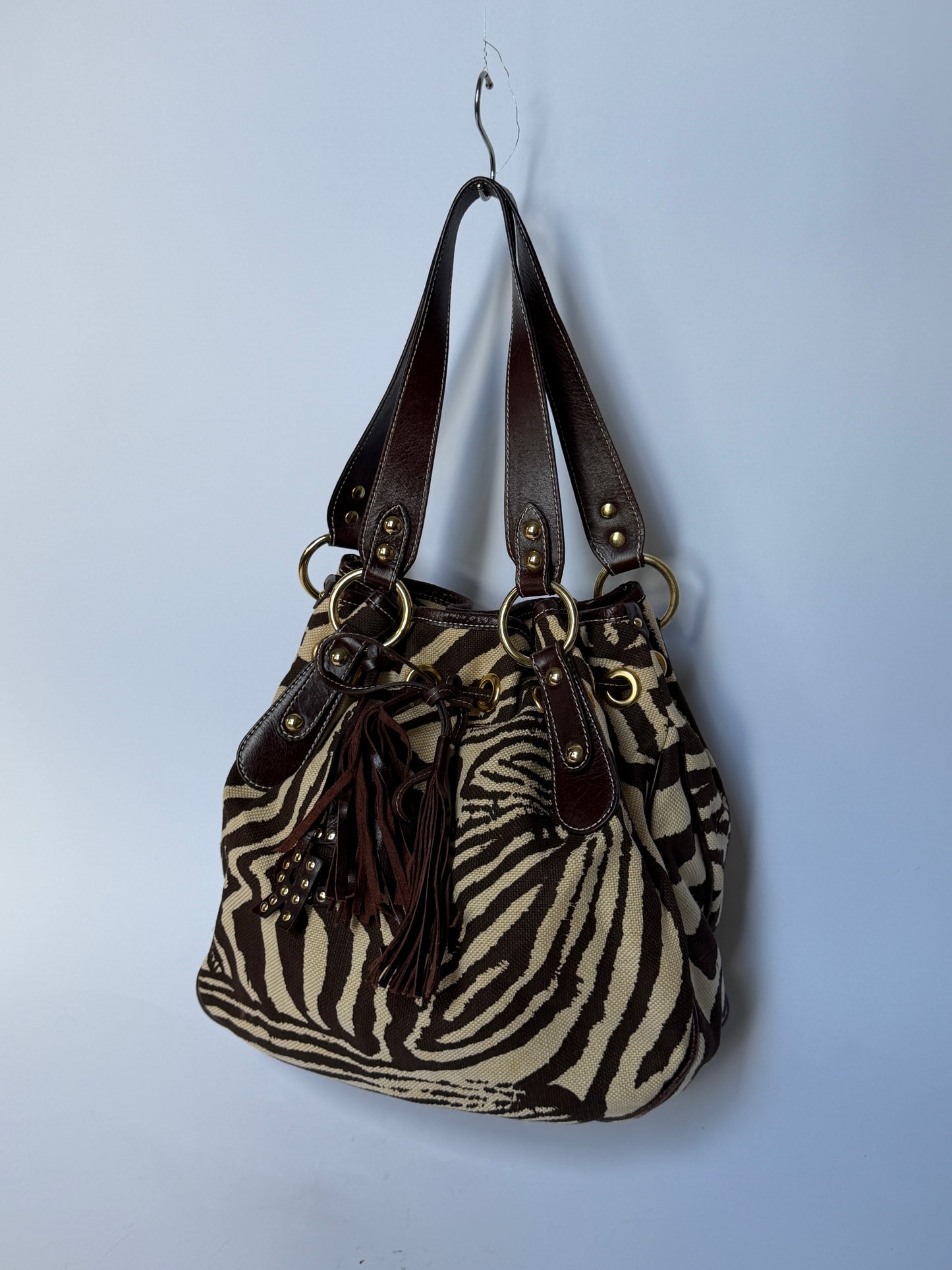 Zebra Print Canvas & Leather Drawstring Bag