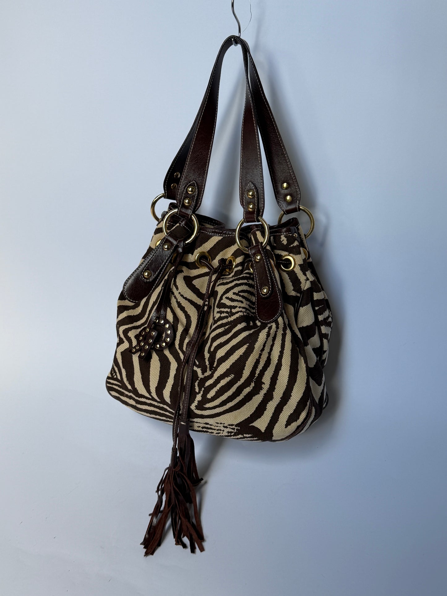 Zebra Print Canvas & Leather Drawstring Bag