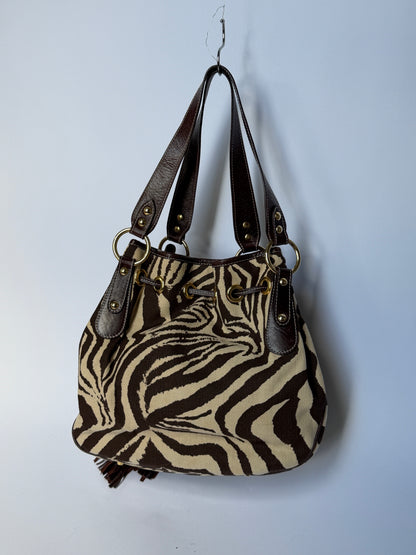 Zebra Print Canvas & Leather Drawstring Bag