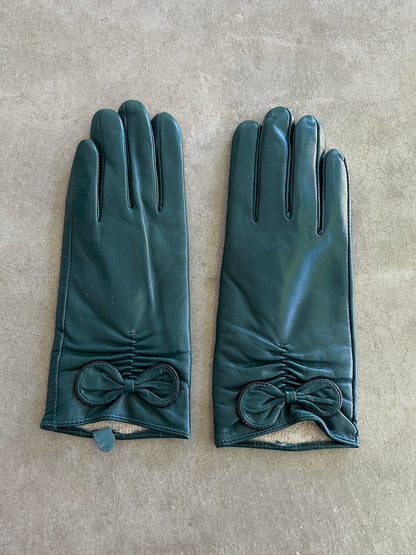Green Bow Lambskin Leather Gloves