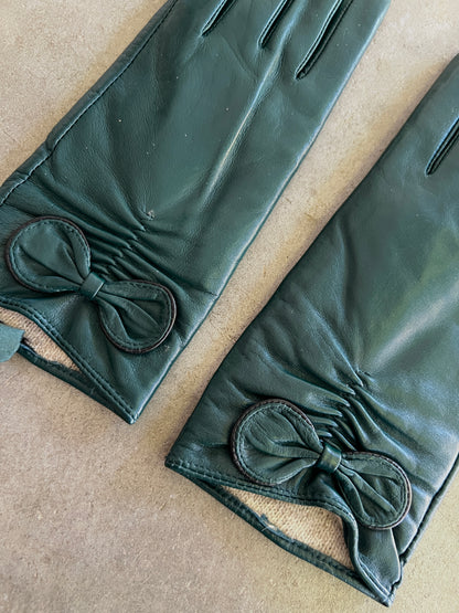 Green Bow Lambskin Leather Gloves