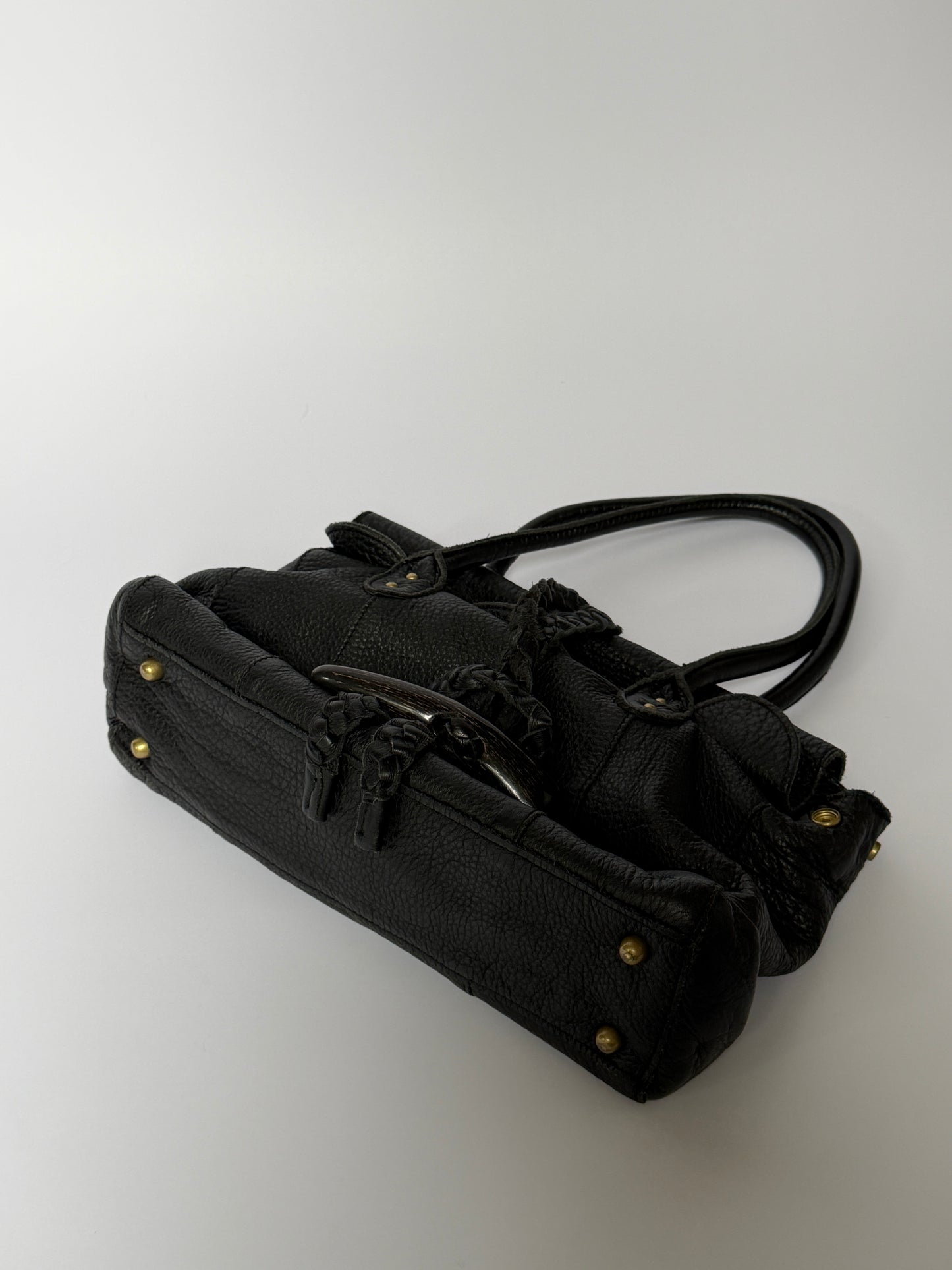 Slouchy Leather Shoulder Bag with Horn Toggle & Braided Detail
