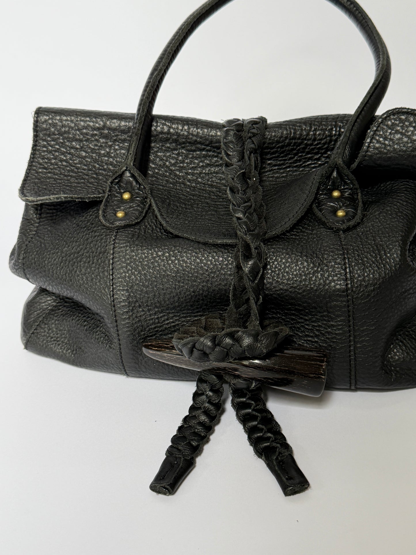 Slouchy Leather Shoulder Bag with Horn Toggle & Braided Detail