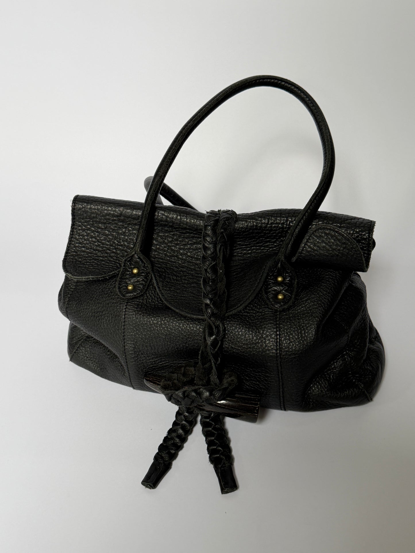 Slouchy Leather Shoulder Bag with Horn Toggle & Braided Detail