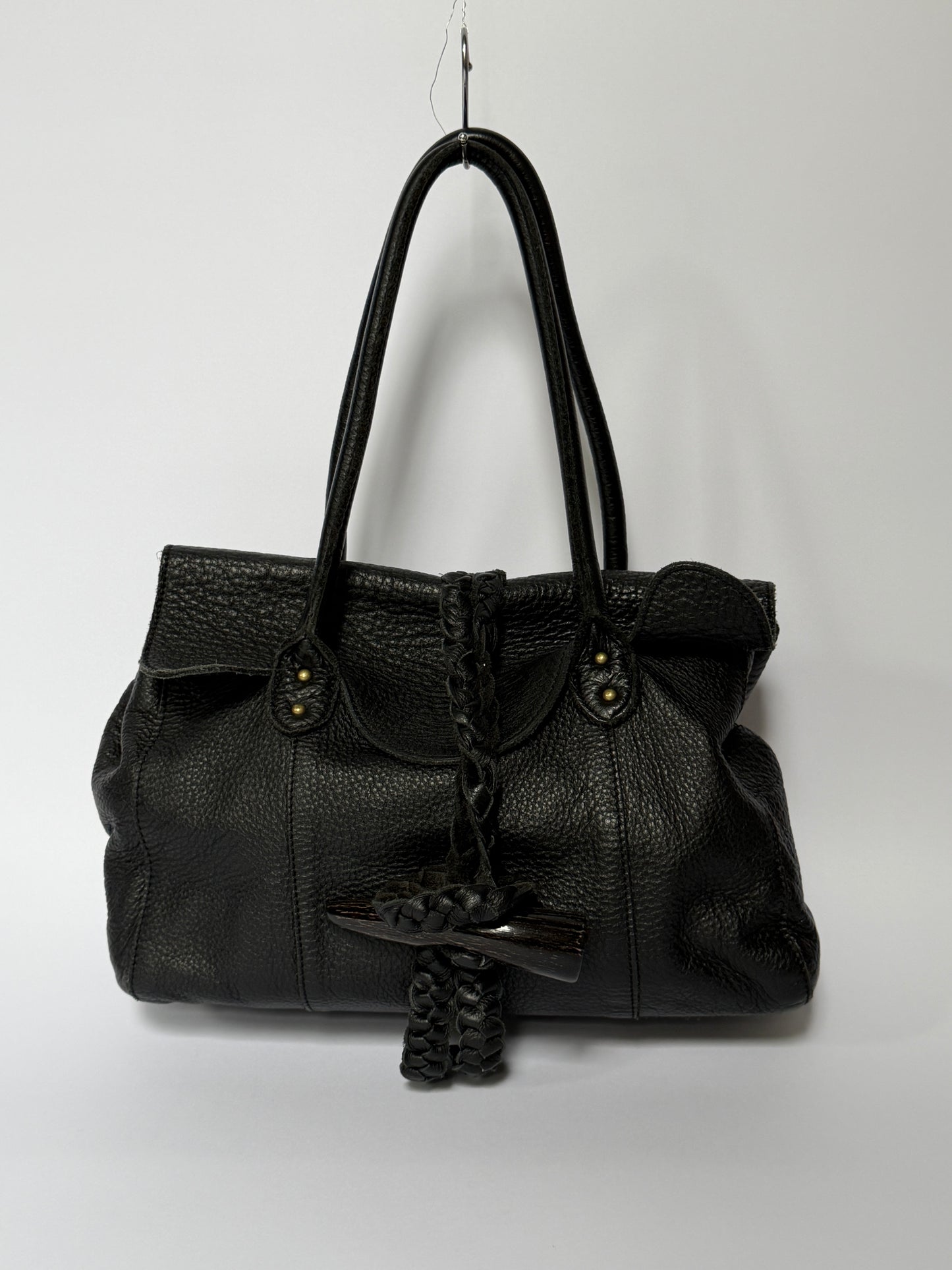 Slouchy Leather Shoulder Bag with Horn Toggle & Braided Detail