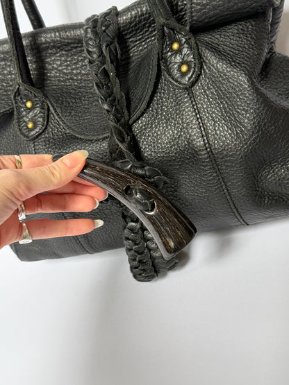 Slouchy Leather Shoulder Bag with Horn Toggle & Braided Detail