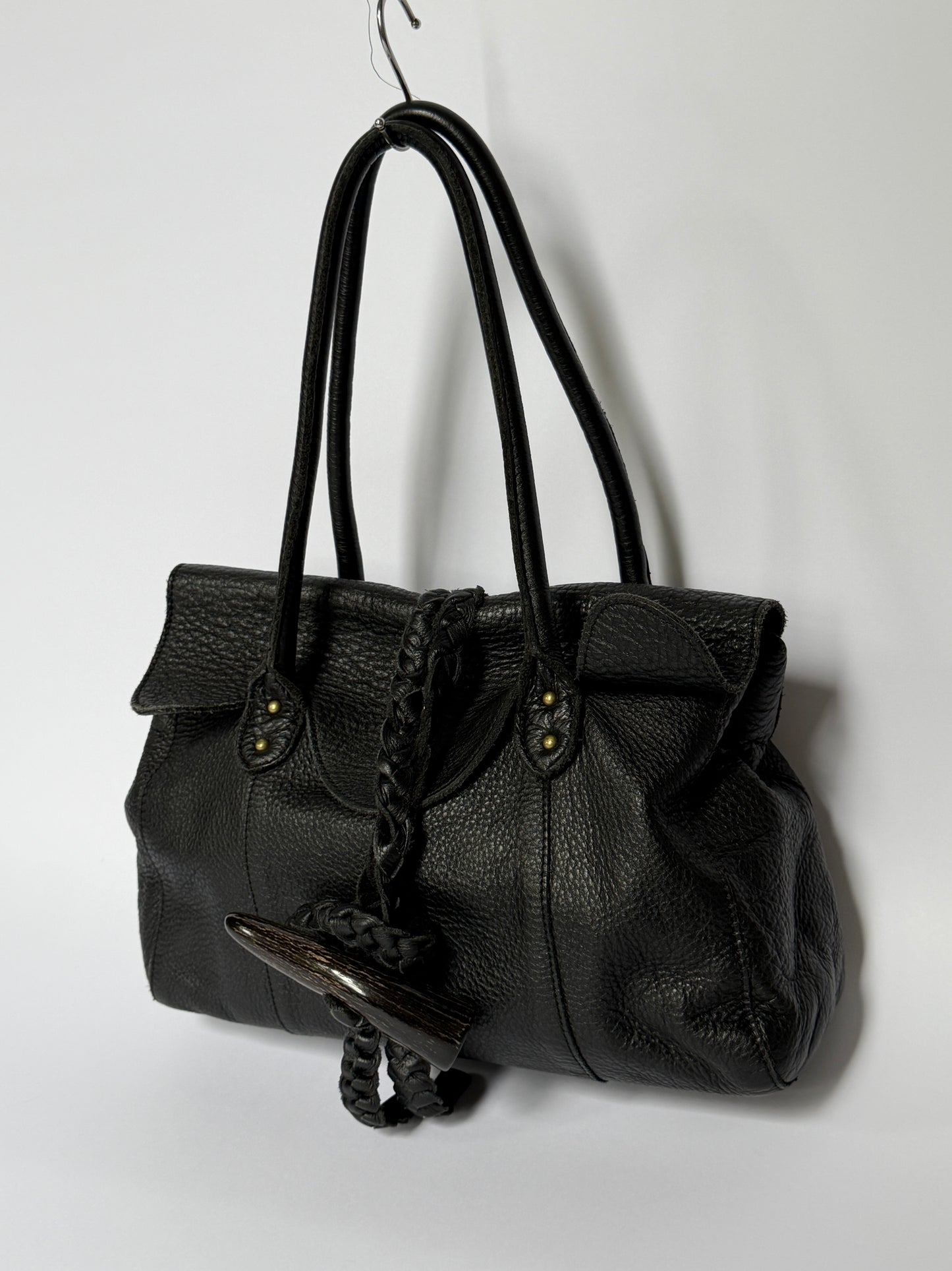 Slouchy Leather Shoulder Bag with Horn Toggle & Braided Detail