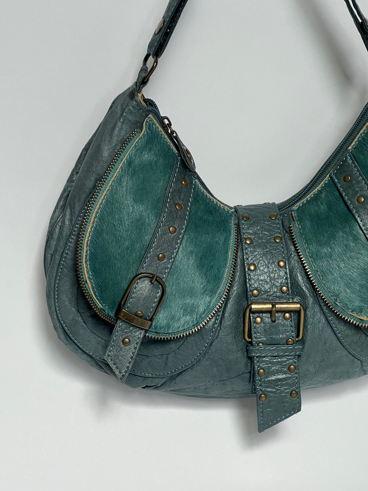 Teal Y2K Pony Hair Hobo Bag