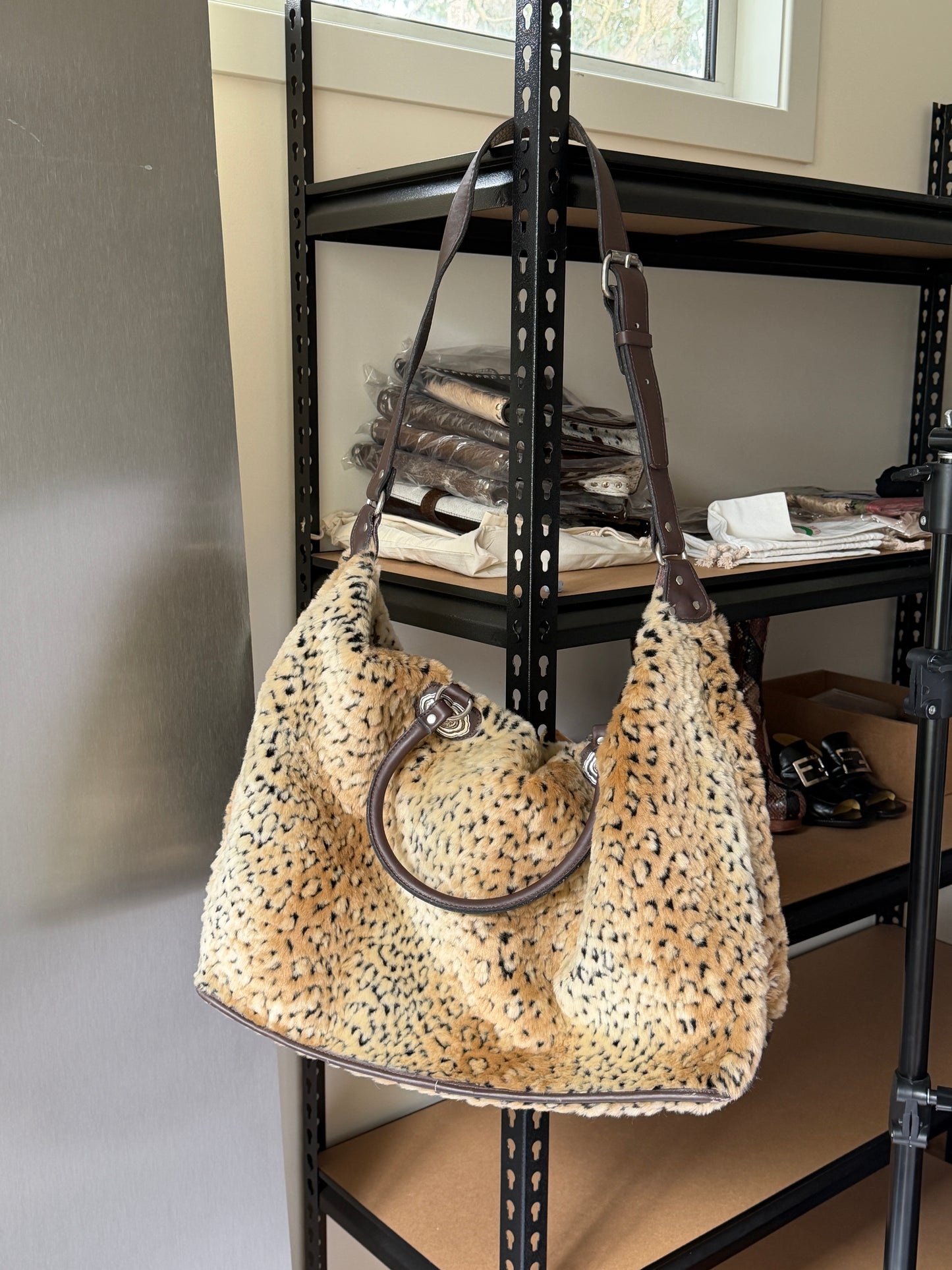 Leopard Print Faux Fur Boston Duffle Bag