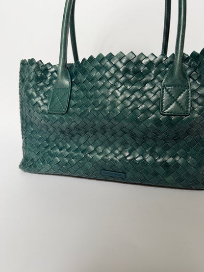 Italian Teal Woven Leather Tote Bag