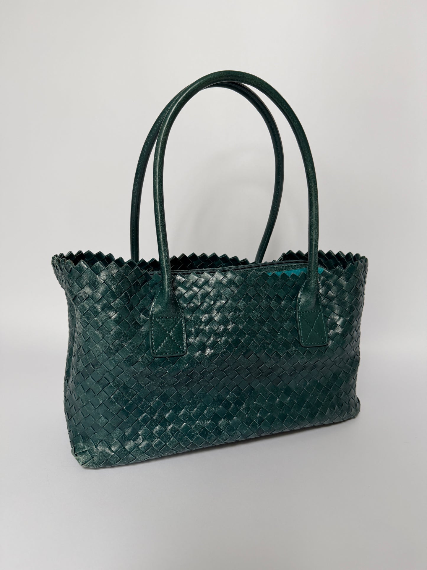 Italian Teal Woven Leather Tote Bag