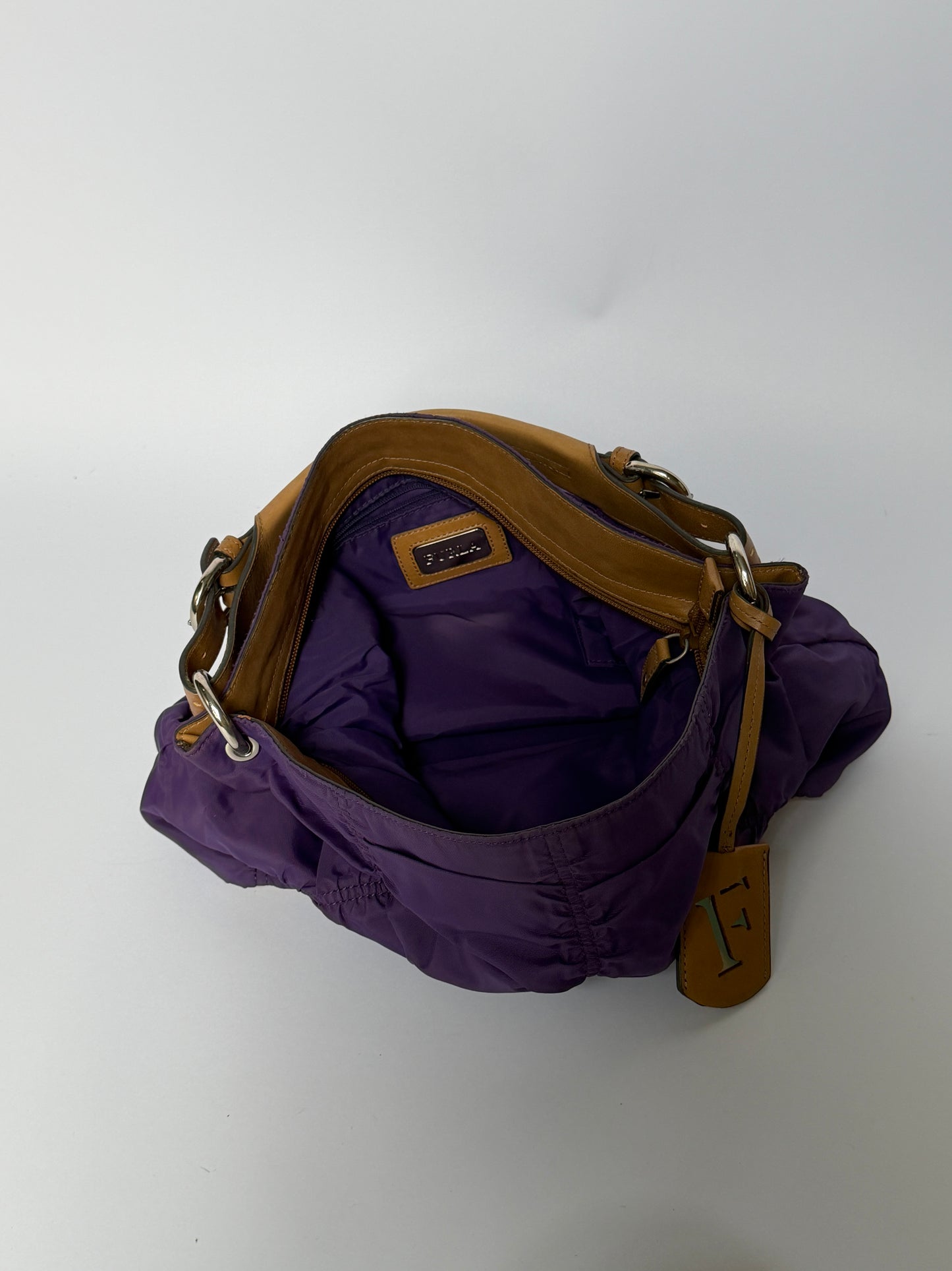 Purple Ruched Nylon & Leather Shoulder Bag